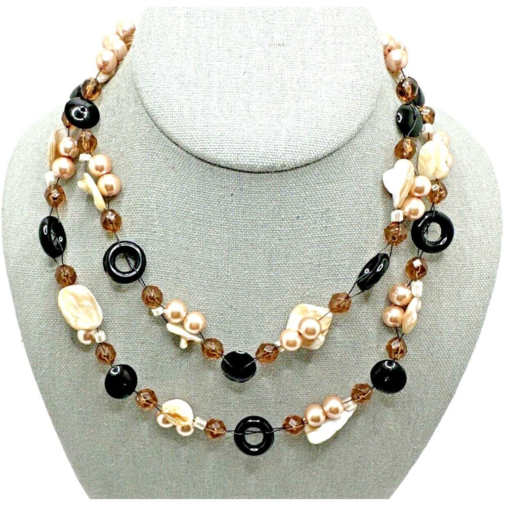 Vintage COOKIE LEE Genuine Pearl Necklace Blister Black Brown Accents Long 34"
